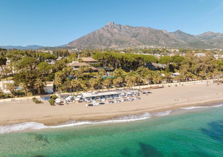 Aerial view of Marbella Club Hotel and the Marbella Golden Mile promenade and La Concha mountain in Marbella, Spain