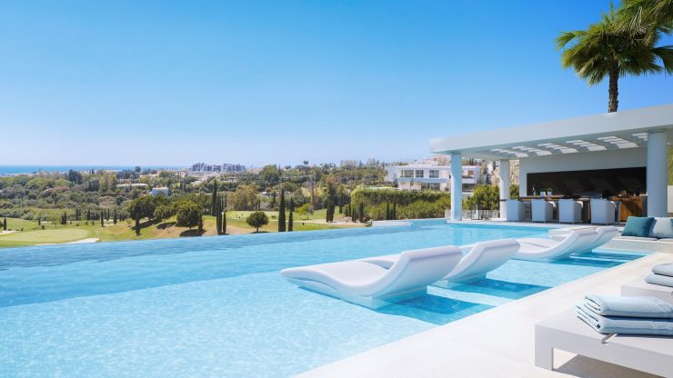 Panoramic sea view from the pool of a luxury villa (Los Flamingos 15) from Bemont Marbella 