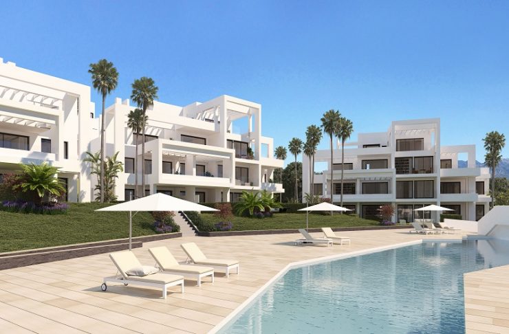 View from the pool of an apartment urbanization in Marbella West, Spain